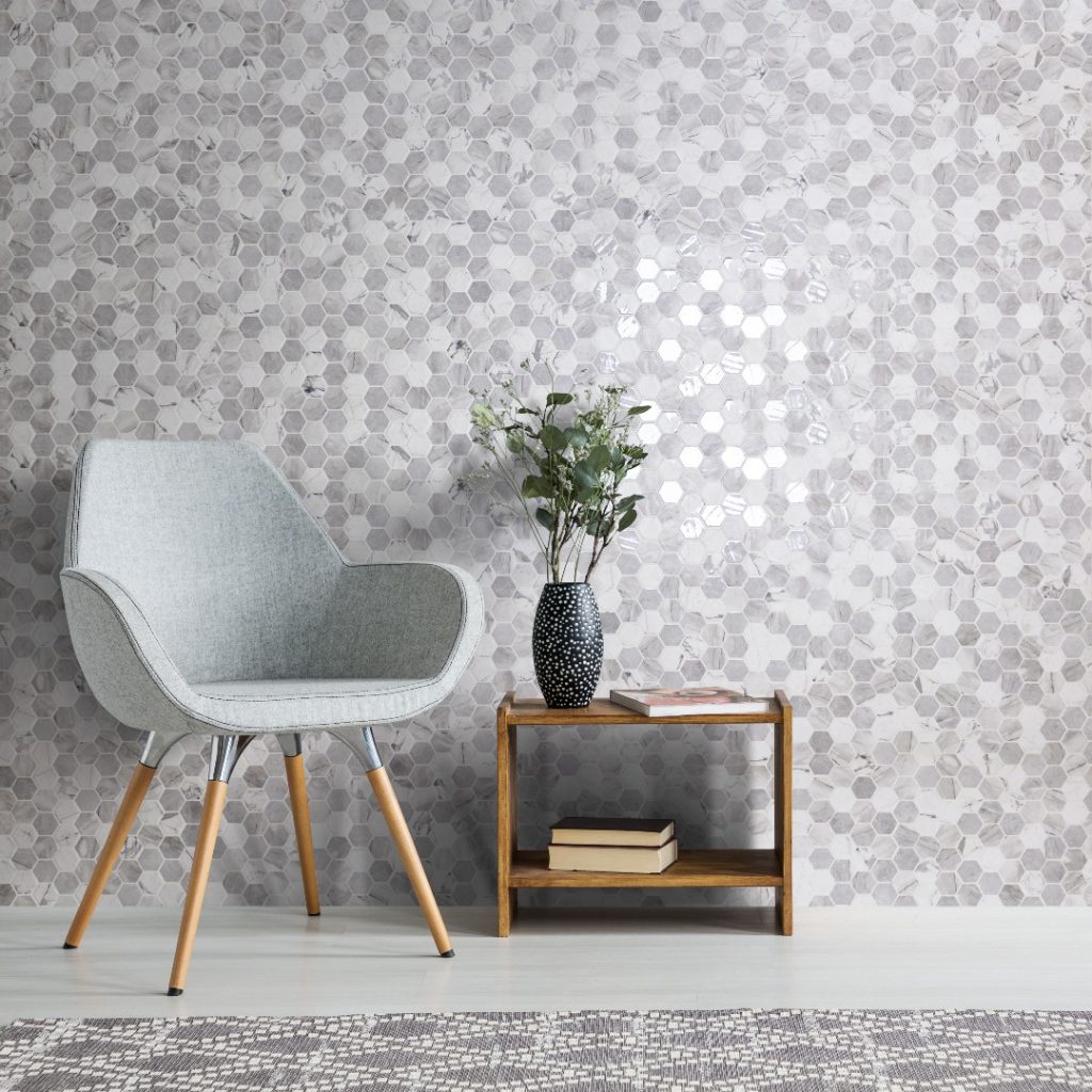 Mozaik pločica Hex oblika u sivoj boji. Odlična kao zidna i podna obloga.